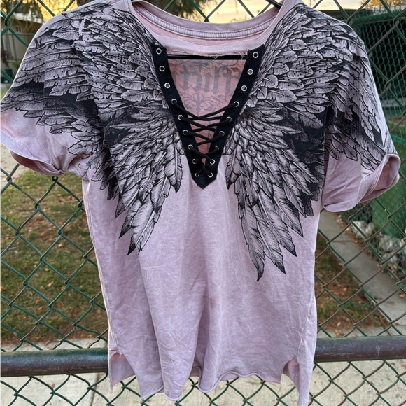 Affliction Pink V-Neck Lace-Up T-Shirt - Picture 1 of 2